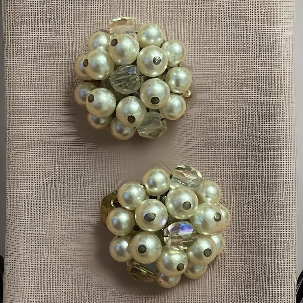 Off White Faux Pearl Beaded Sparkle Cluster Clip On Earrings Vintage Cottage